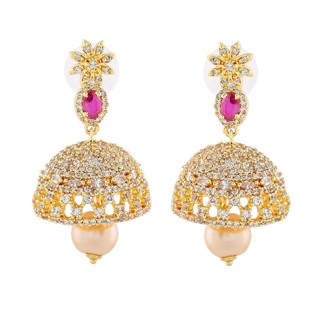 Women Gold Plated Designer Jaliwala Jhumka Earrings With Estele Zircons With Pearl And Ruby Crystals