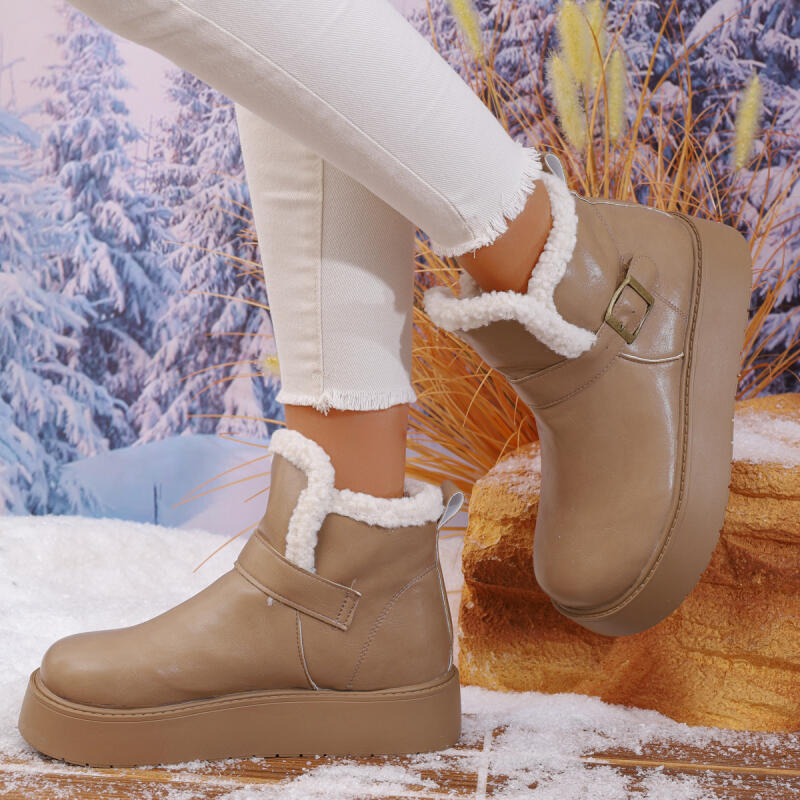 Модные водонепроницаемые женские зимние ботинки из ПУ на толстой подошве 2025 с металлической пряжкой, на массивной платформе, пушистые ботильоны до щиколотки, теплые плюшевые повседневные туфли