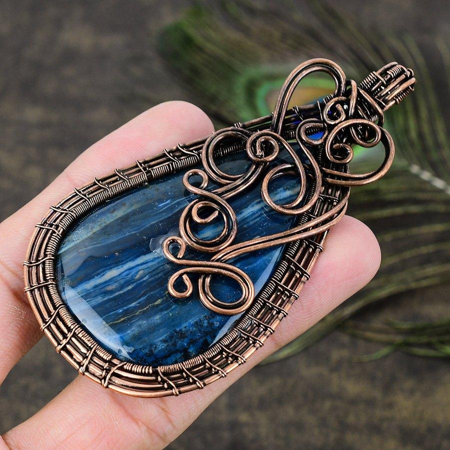 Blue Dendritic Gemstone Copper Wire Wrap Jewelry Pendant 3.62