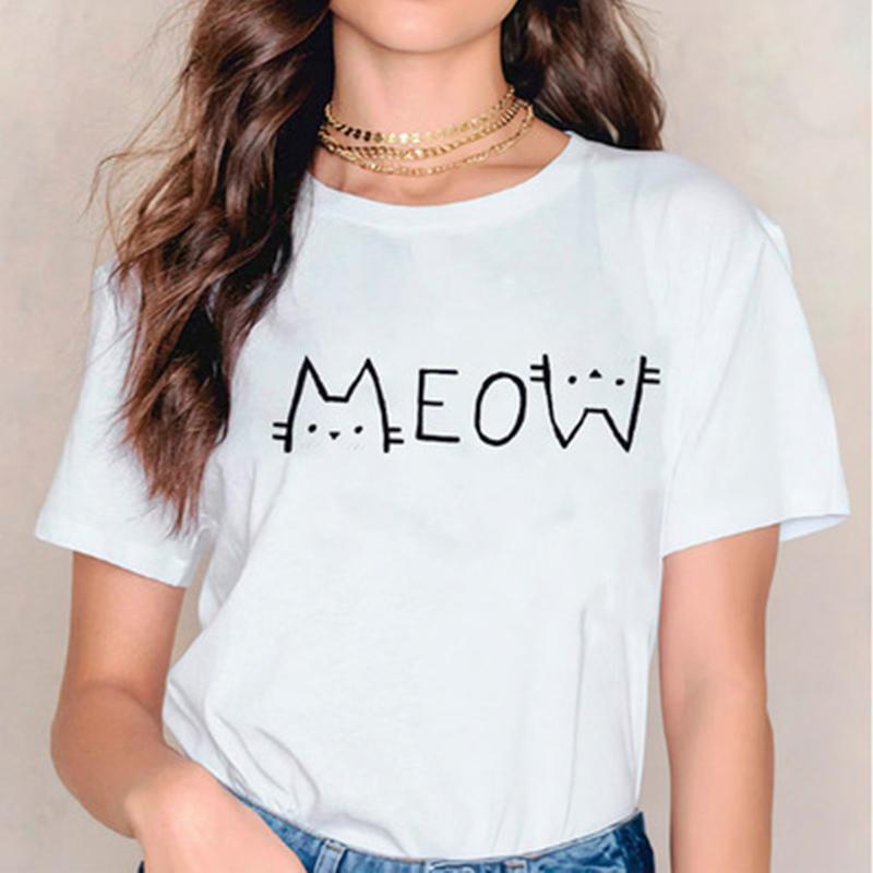 Fashion Women Black Cat Print T Shirt Funny Casual O-neck Short Sleeves T-shirt Summer Female Tee Shirt