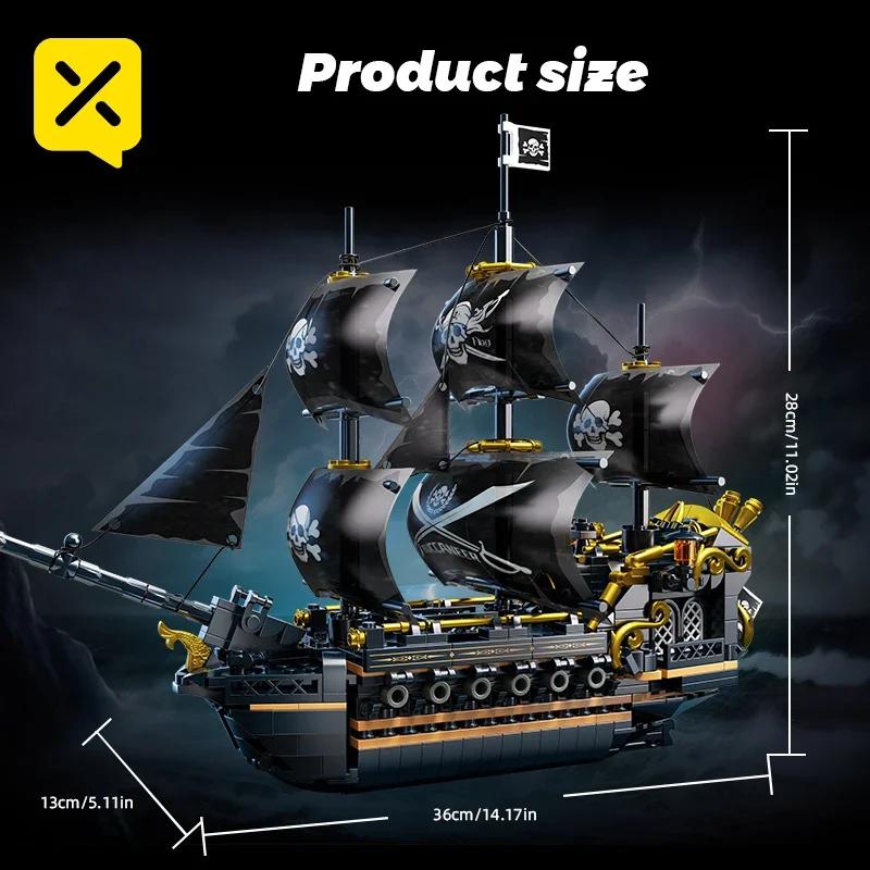 Black Sail Pirate Ship Building Blocks 3-Masted Sailboat Bricks Adult Collectible DIY Assembly Model Display Decoration Toy Gift