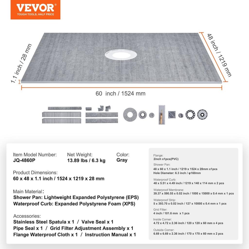 Shower Curb Kit, 1219x1524mm Shower Pan Kit with 50.8mm PVC Central Flange, Waterproof Membrane, Stainless Steel Grate and Joint Sealant, Shower Pan