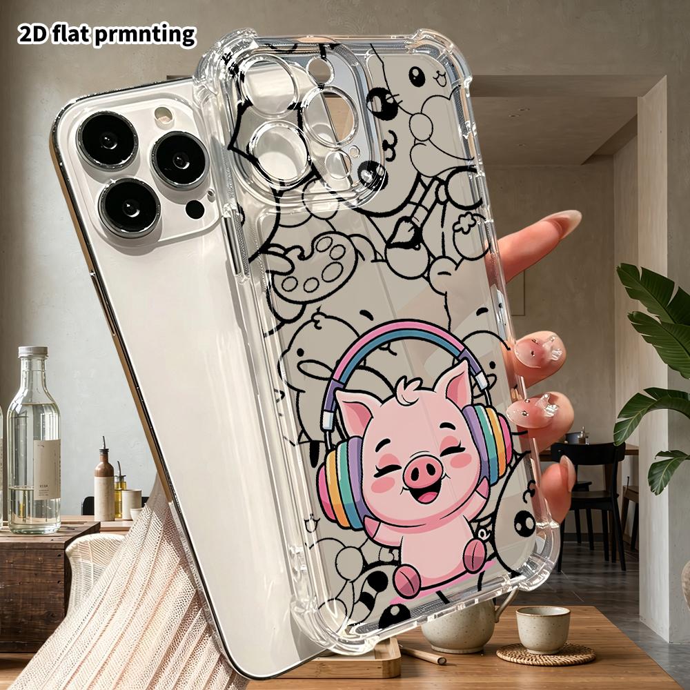 Phone case: 2D flat, suitable for iPhone 18 17 16 15 14 13 Pro protective case, little pig earphones, perfect Christmas and Halloween holiday gift