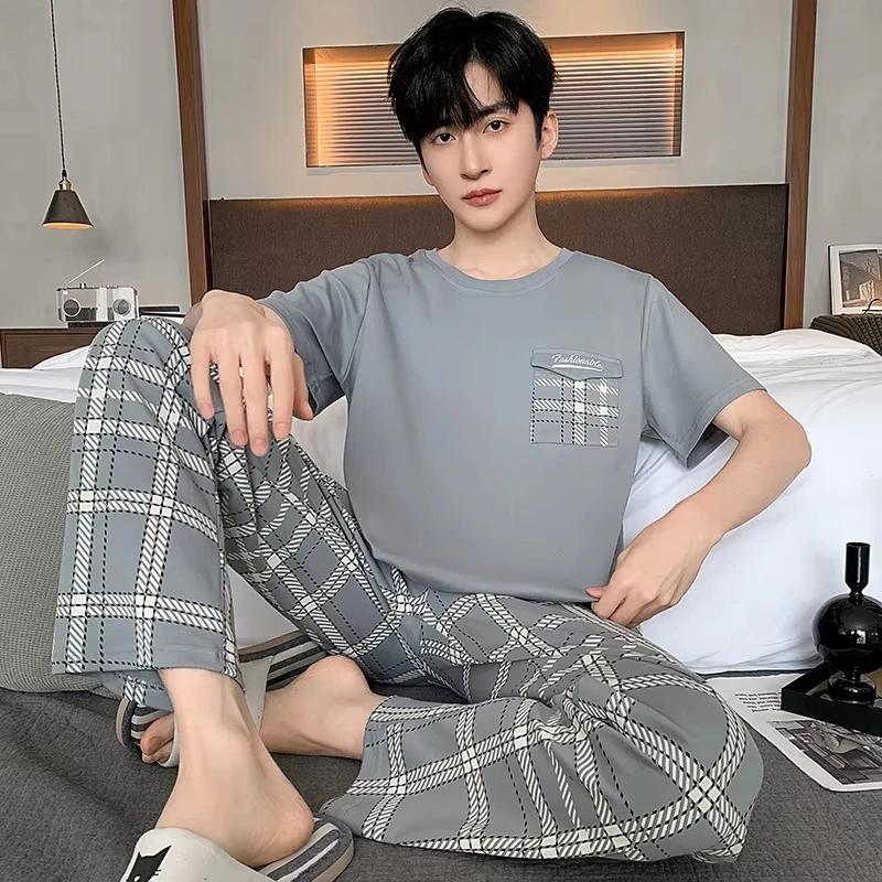 Summer Soft Cotton Pajamas Set for Men Fashion O-neck Pyjamas Short Sleeved Plaid Pants Home Suit