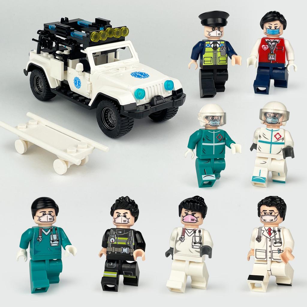 Белый медицинский спасательный автомобиль, аксессуары для носилок, машина скорой помощи, детские строительные блоки, игрушка в подарок