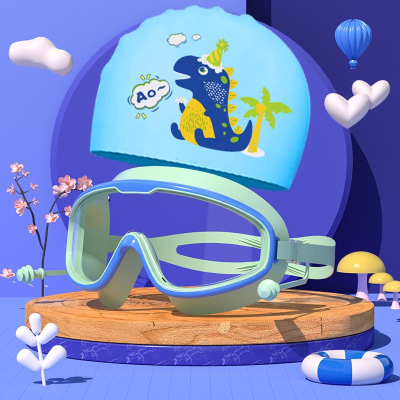 Комплект из очков и шапочек для плавания, детские очки с большой оправой, водонепроницаемые, противотуманные, для мальчиков и девочек, плавательные очки с рисунком, шапочка для купания