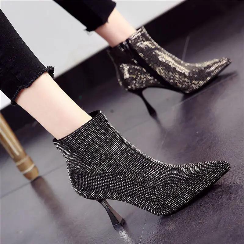 Fashion Booties Heeled Very High Heels Female Short Shoes Sexy Combat Pointed Toe Punk Style Rhinestone Women's Ankle Boots Boot New In