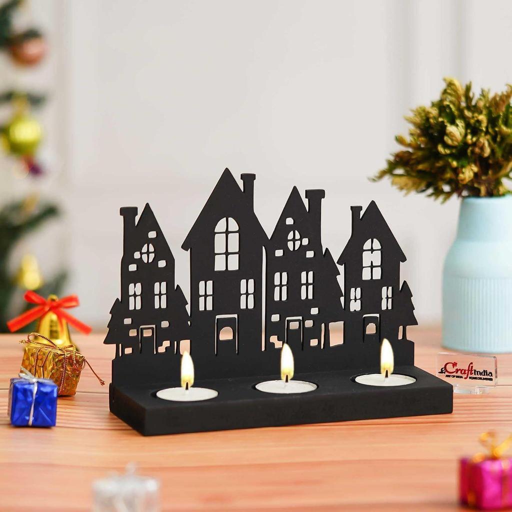 Merry Christmas Tower Decorative Tea Light Candle Holders (Wooden Black) | Decoration Items for Home, Living Room, Office