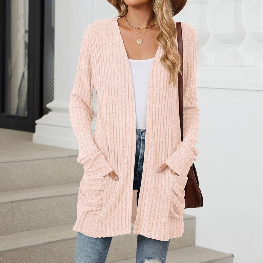 Женская модная повседневная однотонная куртка-кардиган с карманами и длинными рукавами