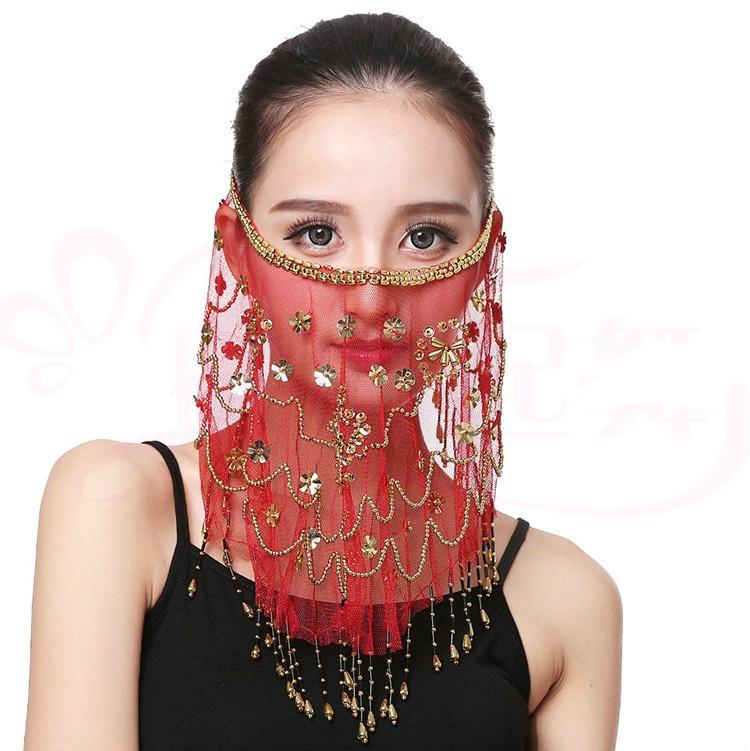 Beautiful Lady Belly Dance Dancing Face Mask Voile Wrap Scarf Sequin Perform Accessory