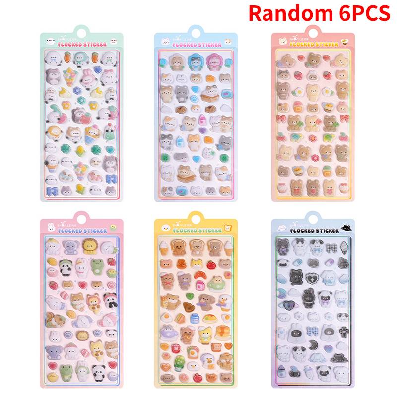 1-6Pcs Flocked 3D Relief Stickers Cute Cartoon Animals Stationery Sticker Journaling DIY Diary Laptop Phone Case Decoration