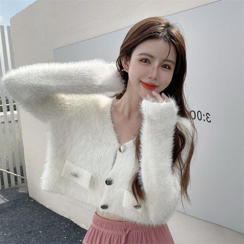 Свитер-кардиган женский осенний корейский маленький ароматный ветер плюшевый короткий свитер пальто с длинным рукавом с v-образным вырезом новый вязаный кардиган женский