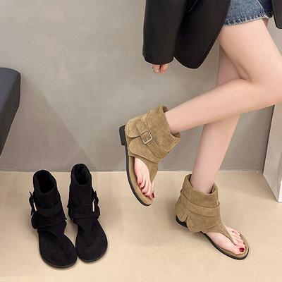 Римские крутые ботинки рукав брюки короткие ботинки плоская подошва ботинки на меху женские летние новые с французским носком холодные ботинки