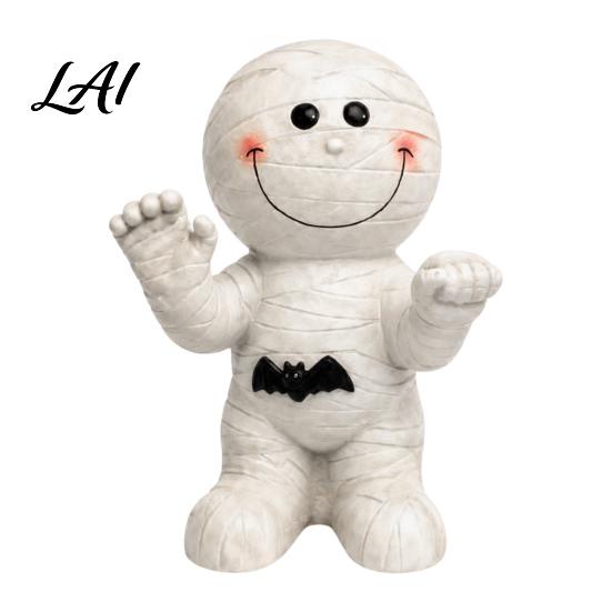 Unique Home Accents Resin Mummy Atmosphere Light Halloween Smiling Statue with Party Supplies Bat Decor Cartoon Figurine Light for Desktop Ornament