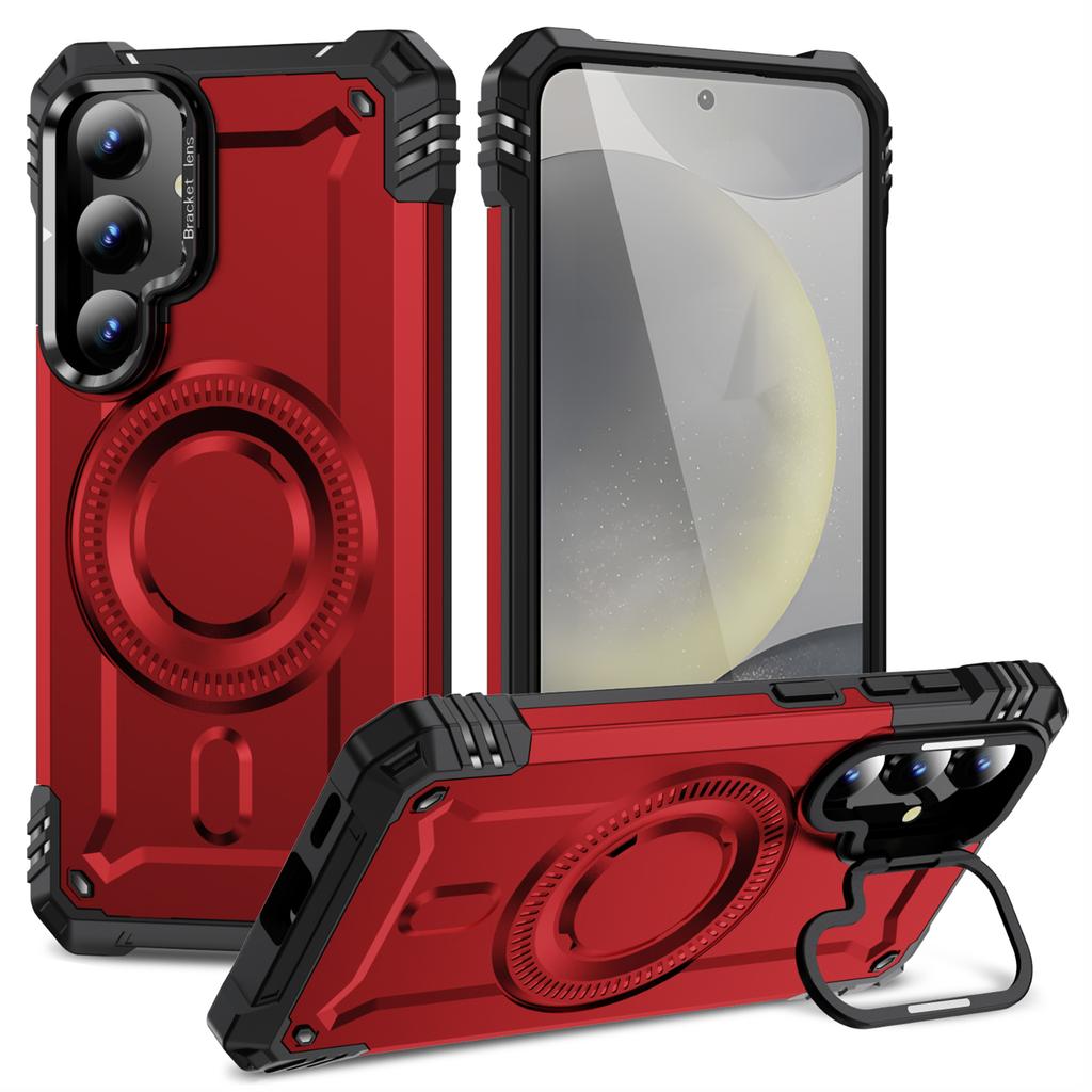 For Samsung Galaxy S25+/S24+ Case Compatible with MagSafe Metal Lens Frame Kickstand PC+TPU Mobile Cover