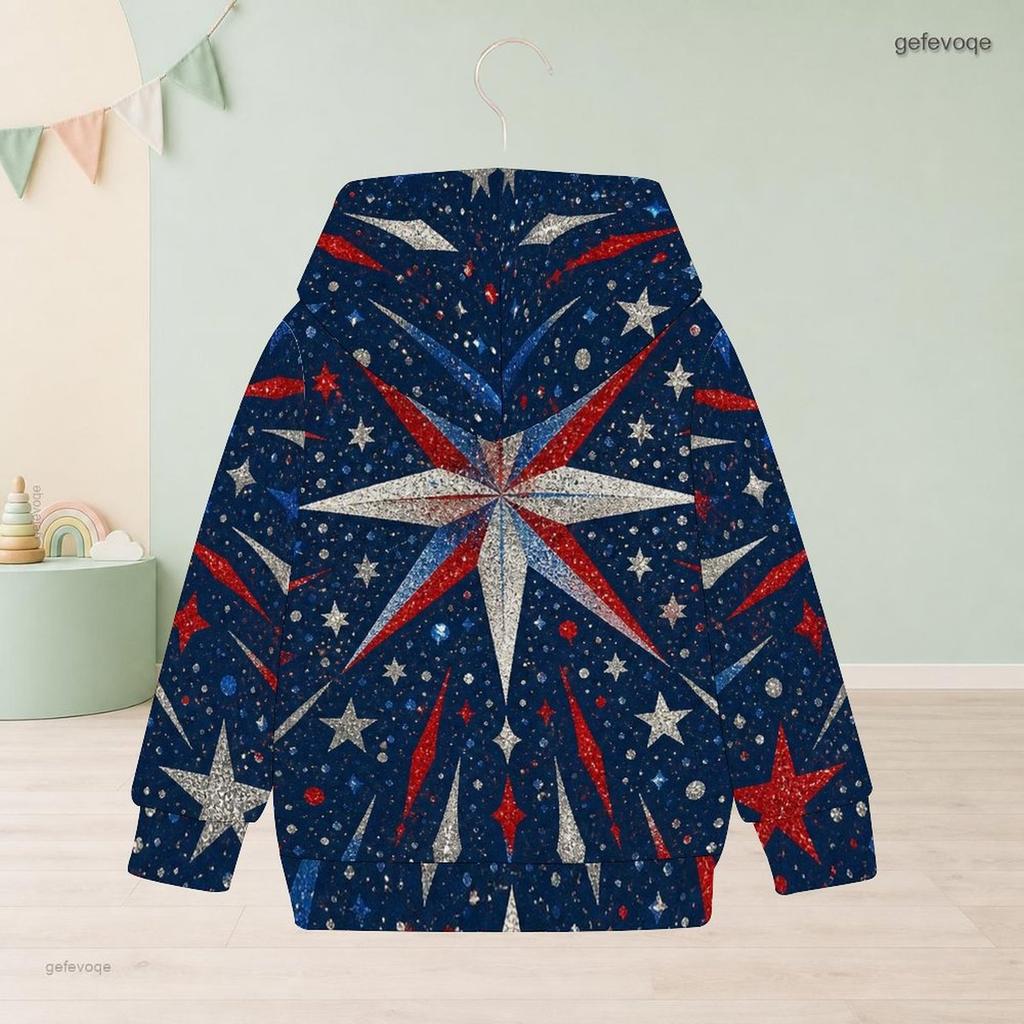 Girls Long Sleeve Hoodie Firework Printed Red Navy Gold Casual Pullover