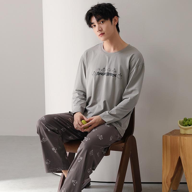 Тип Пижамный костюм из чистого хлопка на осень-зиму для мужчин с длинными рукавами из хлопка, комплект домашней одежды для мужчин, мягкая домашняя одежда для мужчин
