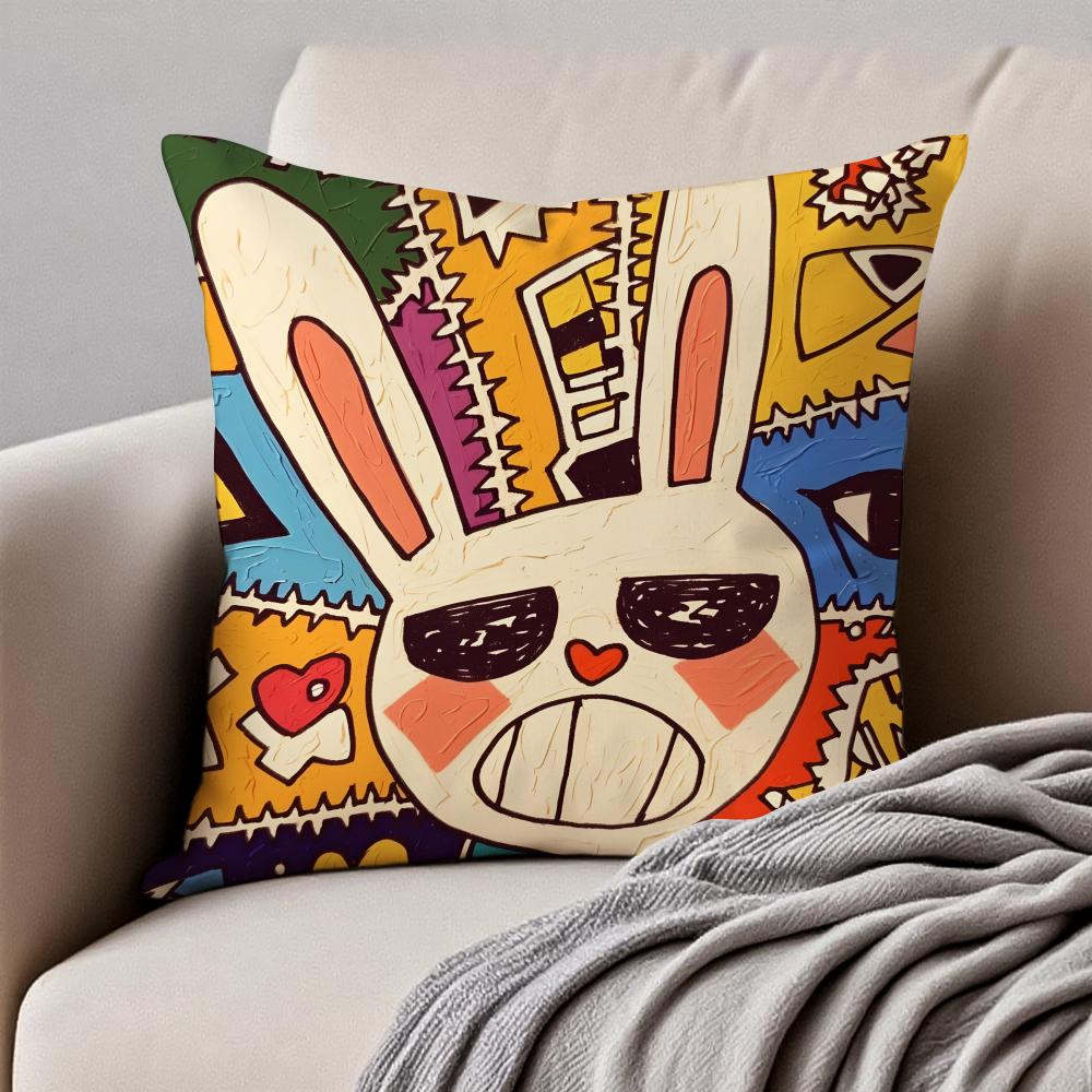 Hiphop graffitistyle rabbit painting Cushion Cover Pillowcase Antidustmite Invisible Zipper Short Plush Sofa Cushion