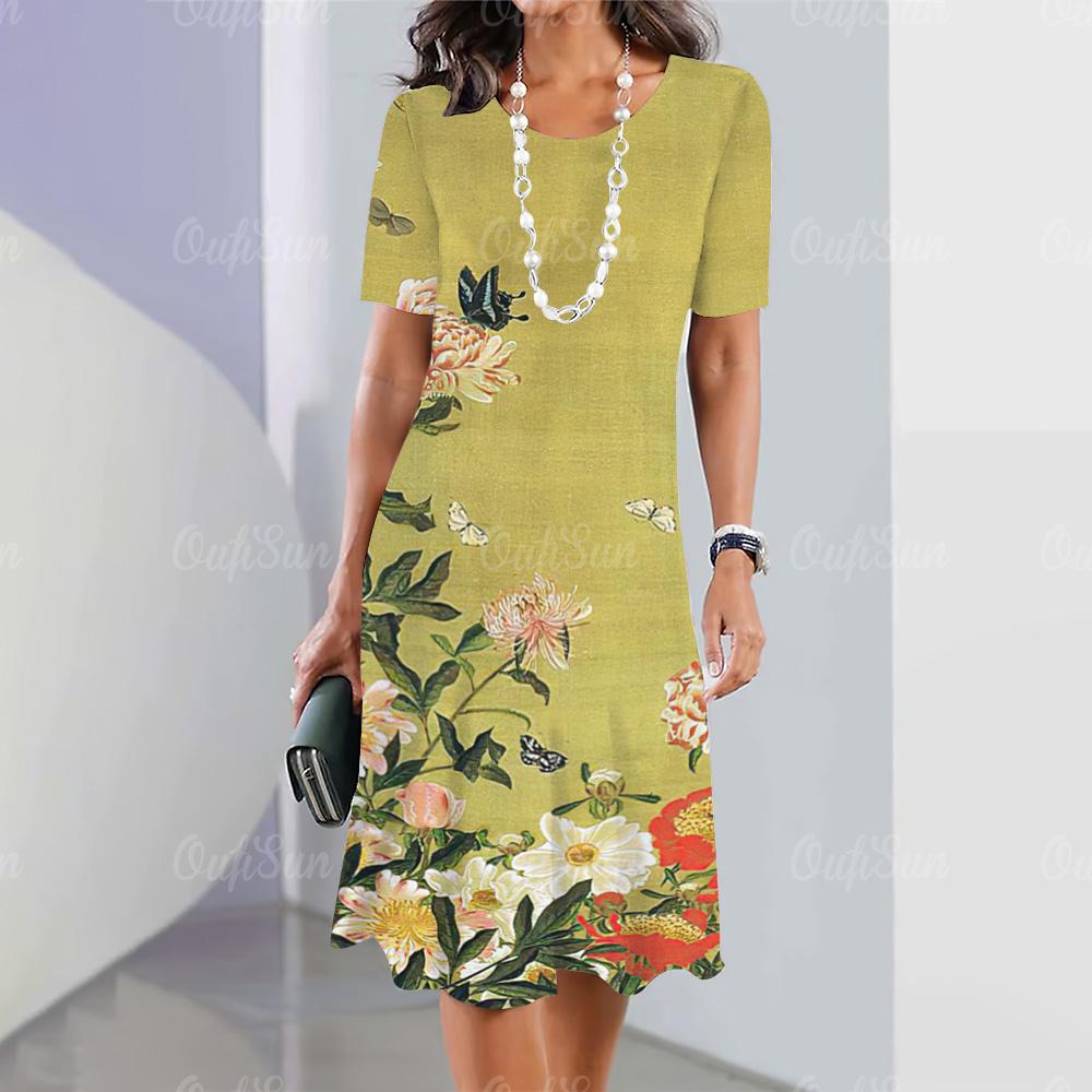 Beautiful Womens Dresses 3d Flowers Print Woman Clothing Casual A-Line Skirt Oversized O-Neck Tops Summer Elegant Women Dress