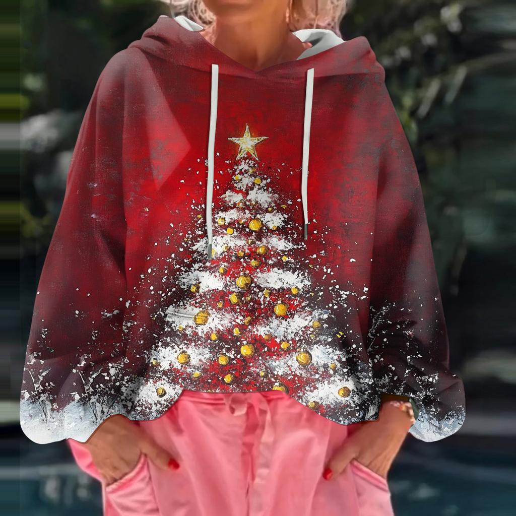 Women's Christmas Printed Loose Casual Long Sleeved Hooded Sweatshirt