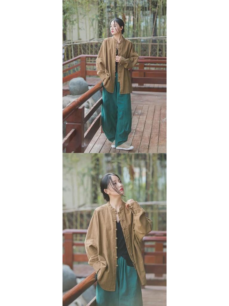 Женская куртка в китайском стиле на пуговицах 2023 года: Кардиган Zen Art средней длины