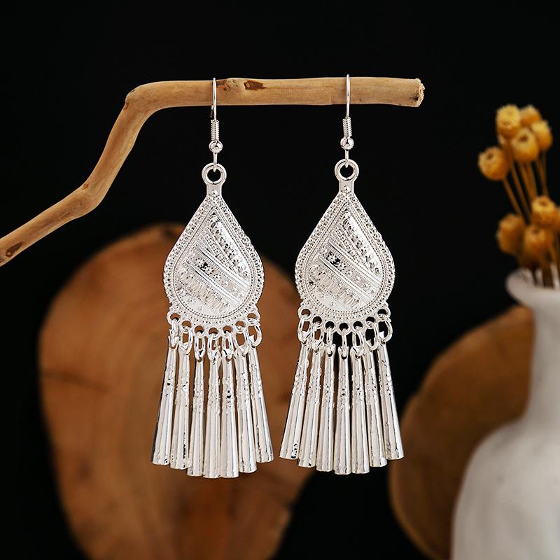 Bohemian Long Leaf Tassel Earrings - Imitation Silver, Miao Ethnic Style