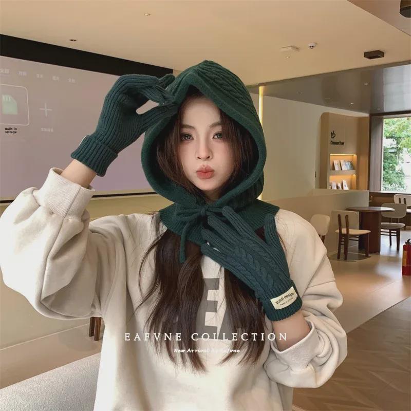 Korean Style Wool Balaclava & Twisted Gloves Set for Women - Perfect for Autumn and Winter
