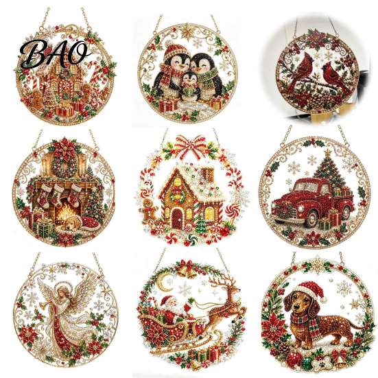 Acrylic Ornaments for Christmas Tree Hanging Diamond Art Ornament, 2D Pearl Painting Seasonal Home Window Decorations Pattern Suncatcher, Holiday