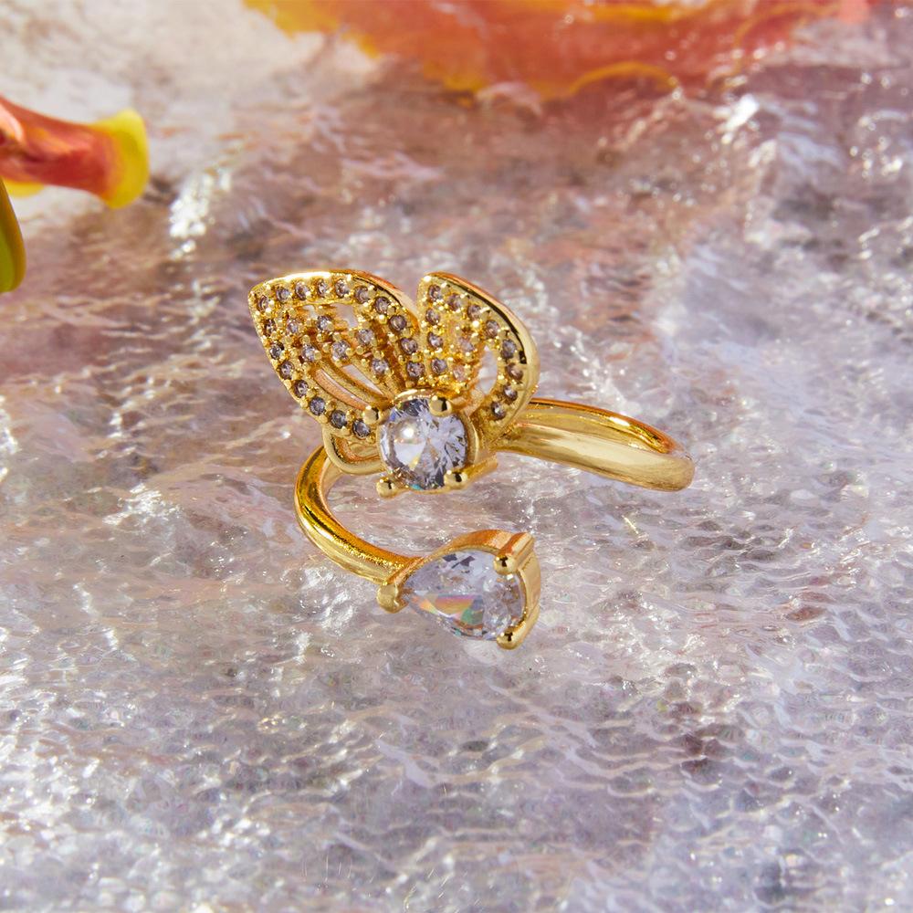 Креативное инкрустированное циркониевое кольцо-бабочка Niche Light Luxury Copper Golded Ring для указательного пальца