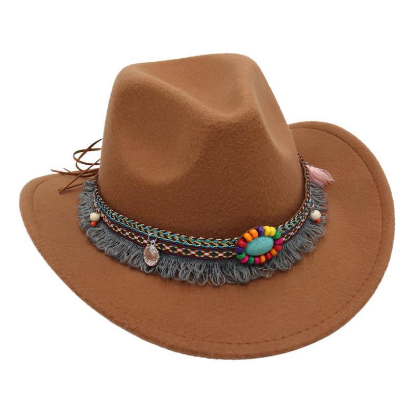 Ethnic bowler hat tassel western cowboy hat jazz hat turquoise felt hat outdoor literary sun hat