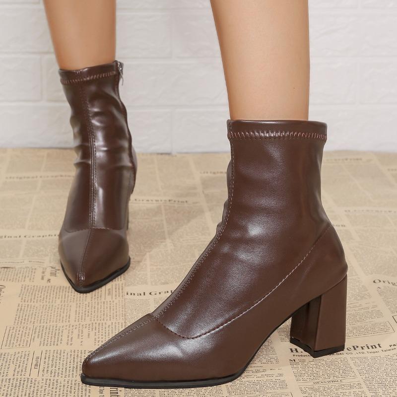 Women High Heel ANKLE BOOTS Modern Square Heel Fashion Shoes Beige 7cm High Heels Woman Modern Boot Big Size 42 Boots for Woman