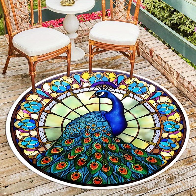 Stained Glass Peacock Round Rug Floor Mat Doorway Rug With Nonslip Backing Outdoor Patio Camping Rug Floor Mat Living Room Bedroom Decoration