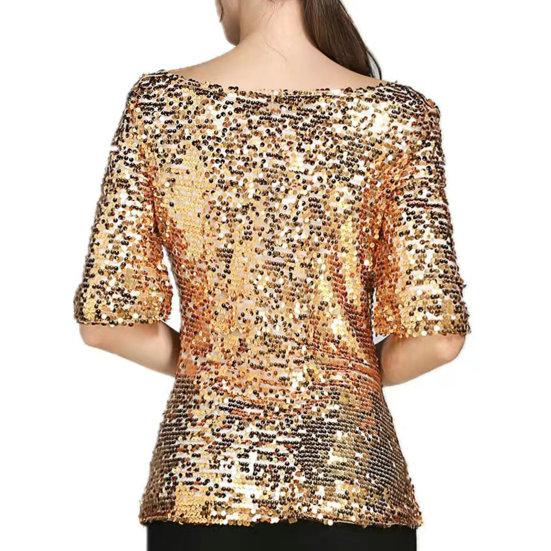 Women Sequin Top Sparkling T Shirt Stylish Comfortable Mid Sleeve Blouse Streetwear for Stage Performances Daily Wear