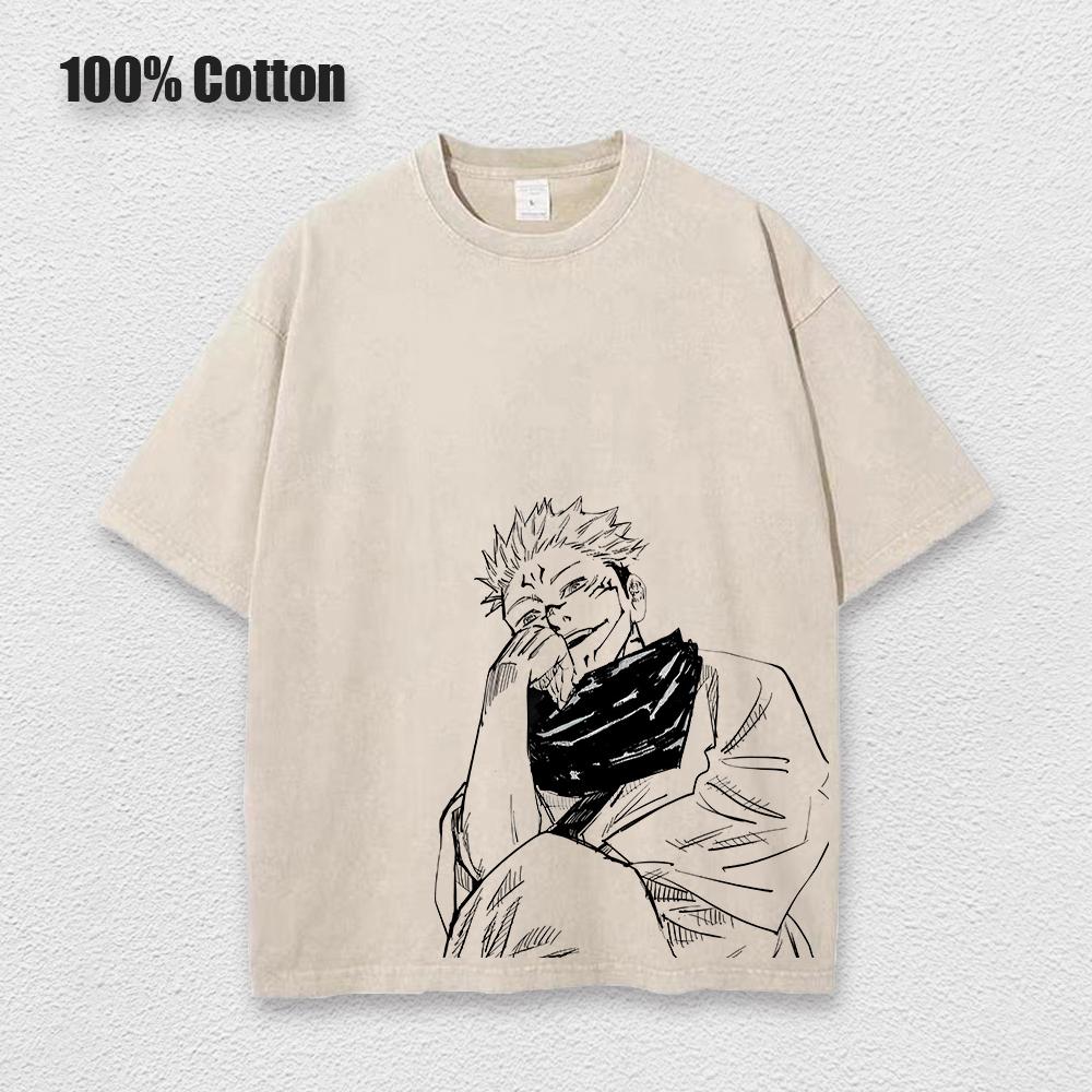 Аниме принтованная винтажная хлопковая футболка мужская футболка большого размера Harajuku летняя футболка с коротким рукавом женская винтажная выстиранная футболка