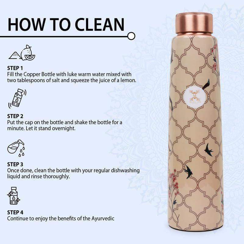 Pure Copper Water Bottle 900 ml with Leak Proof Lid | Joint Less Designer Copper Bottle for Gym, School, Office & Travel