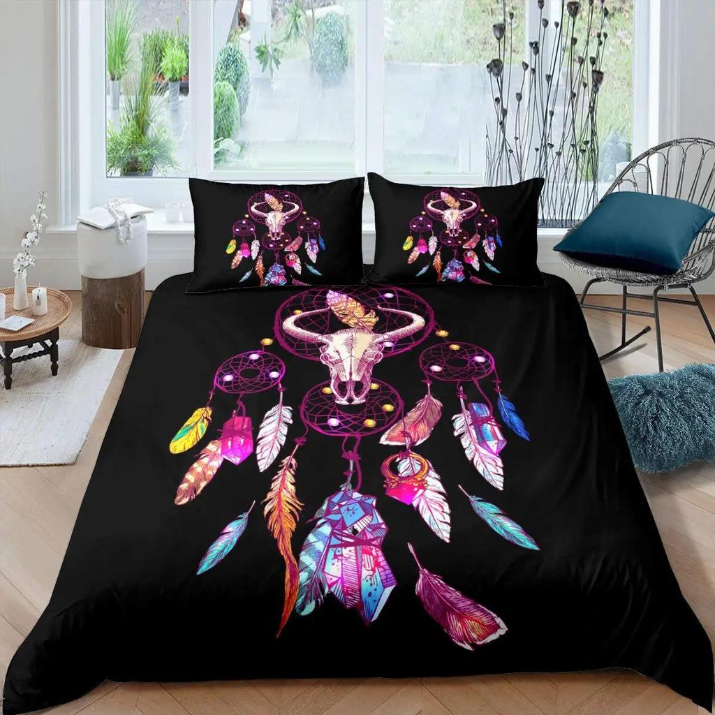 Пододеяльник с изображением черепа коровы Queen Подсолнух Комплект постельного белья с изображением скелета коровы/быка Ботанический цветочный узор с листьями Бохо Племенной полиэстеровый пододеяльник