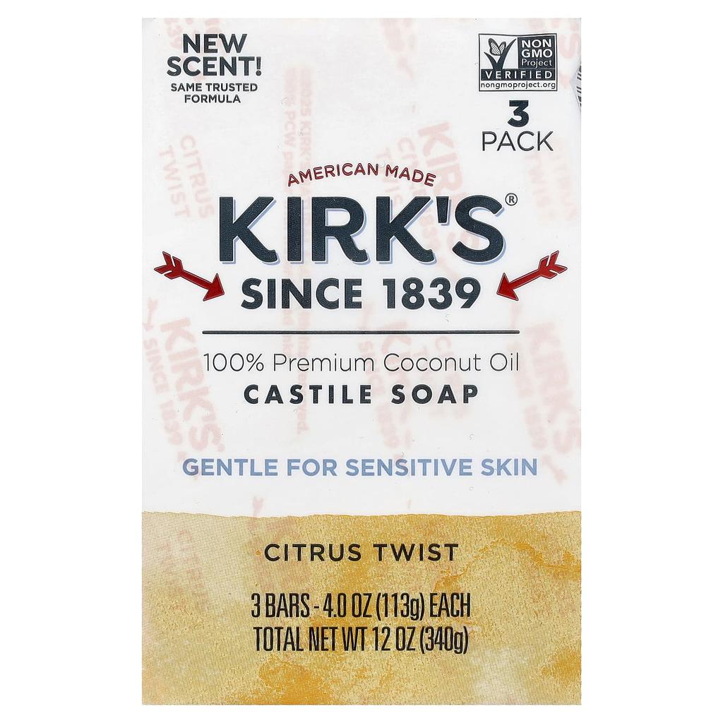 Kirk'S, 100% Premium Coconut Oil Castile Bar Soap, Citrus Twist, 3 Bars, 113G (4Oz) Each