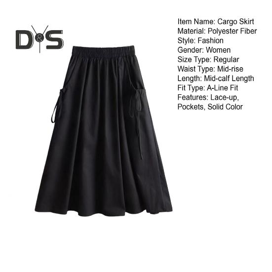 Юбка-карго с эластичным поясом и боковыми карманами, однотонная юбка-трапеция свободного кроя, миди-юбка в рабочем стиле, юбка на завязках