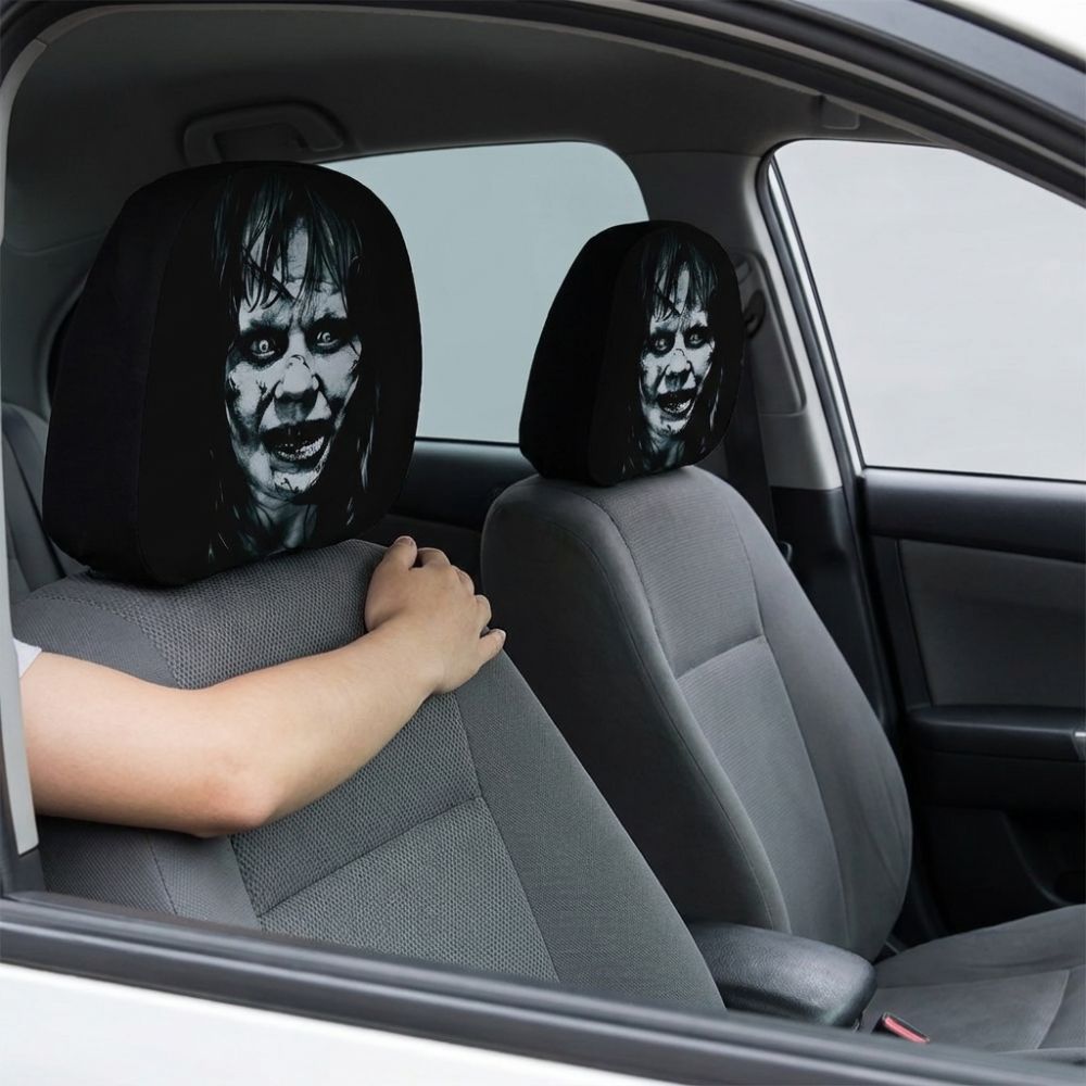 2Pcs Elastic Car Scary Face Headrest Sleeve Breathable Creepy Ghost Car Seat Wrap Halloween