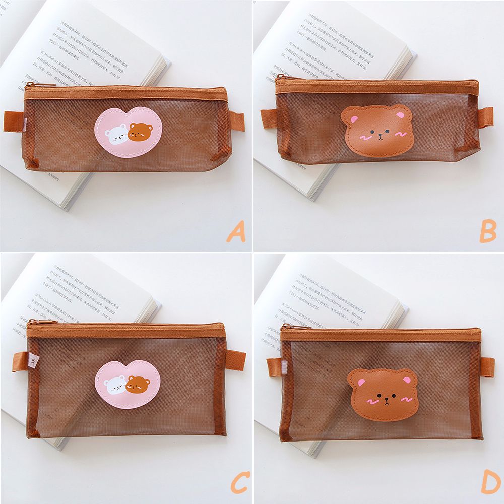Pen Bag Stationery School Supplies Mesh Pencil Case Storage Bags Bear Pencil Bags Kawaii Pencil Bag