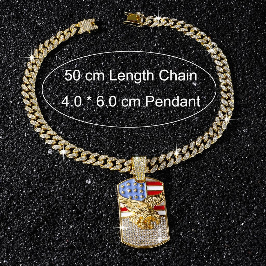 Iced Out American Flag Eagle Charm Pendant Necklace Crystal Cuban Chain Ideal Gift for Culture Lovers