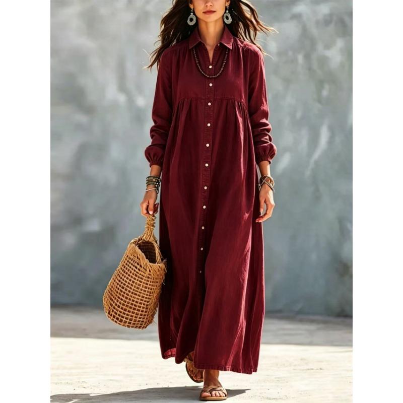 Women S Long Sleeve Shirt Style Loose Solid Color Midi Dress