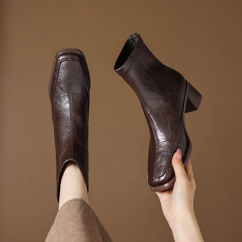 Krazing Pot Микрофибра Квадратный Носок Толстый Каблук Ботильоны Челси Размер 42 Молния Женские Плиссированная Отделка Эластичные Ботильоны