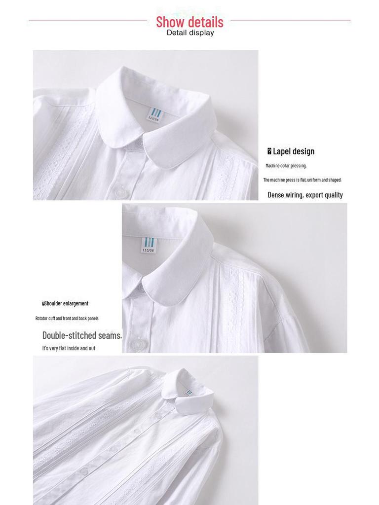 Белая хлопковая школьная рубашка с длинным рукавом для девочек - стиль весна/осень для учеников начальной и средней школы