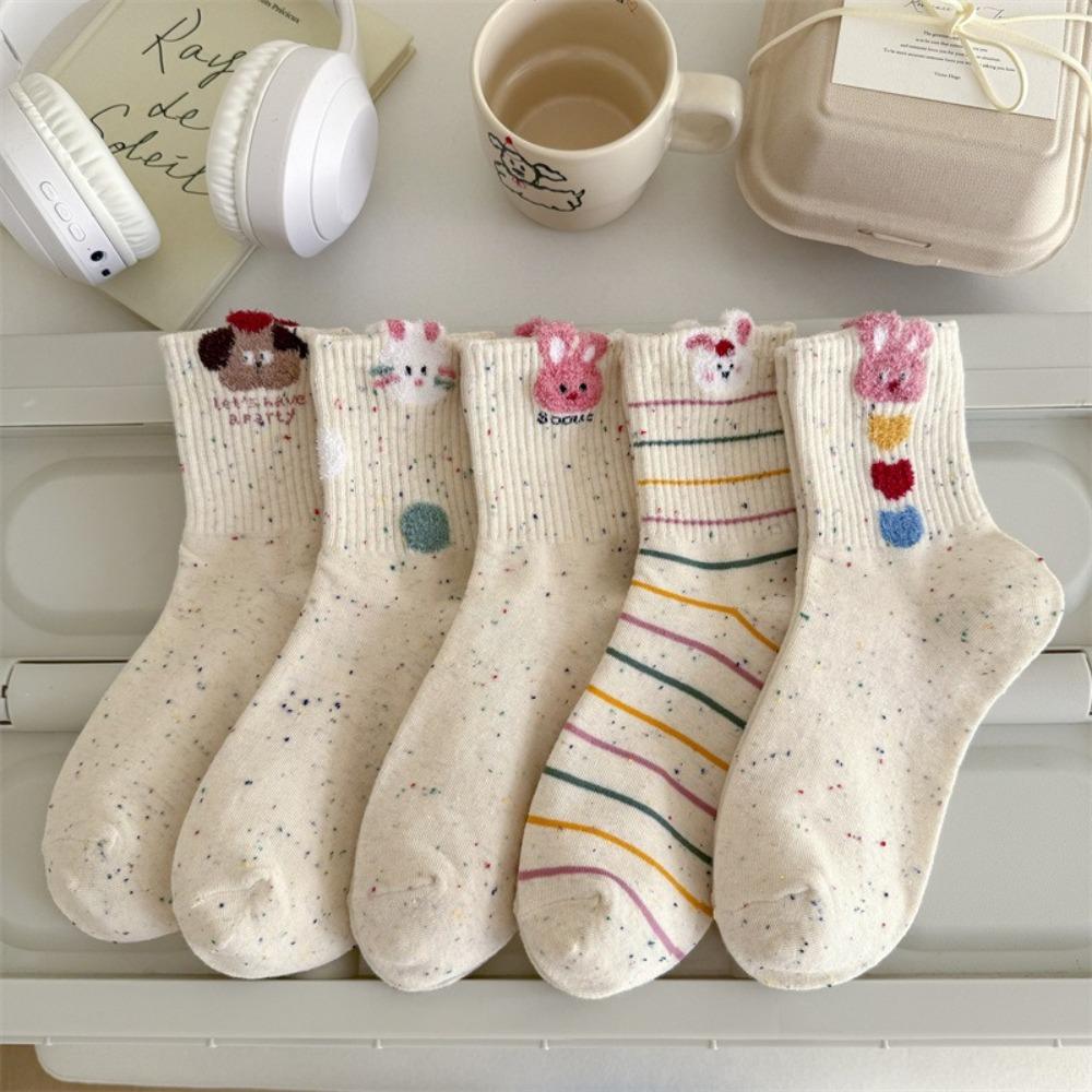 5 Pairs/Set Rabbit Embroidered Printing Women Short Socks Cat Pattern Cotton Socks  Women's Girl's