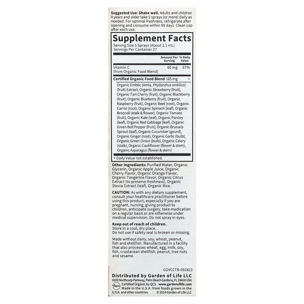 Garden of Life MyKind Organics Vitamin C Organic Spray, Cherry-Tangerine, 58ml (2 fl oz)
