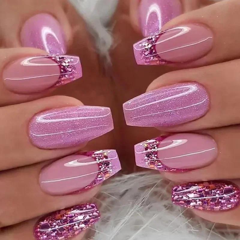 24Pcs Gradient Short Ballet Nails Set with Design White Simple False Nails Coffin Fake Nail Press on Nails Full Cover Nail Tips