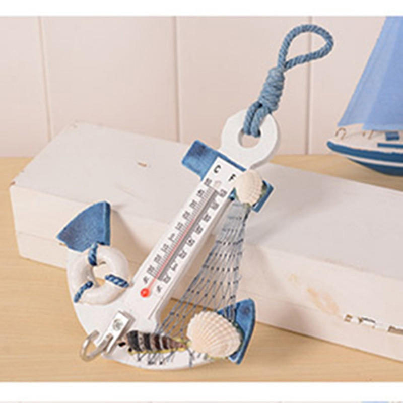 Wood Anchor Thermometer Crafts Art Wall Hanging Hook Meter Gauge Shell Nautical Decor