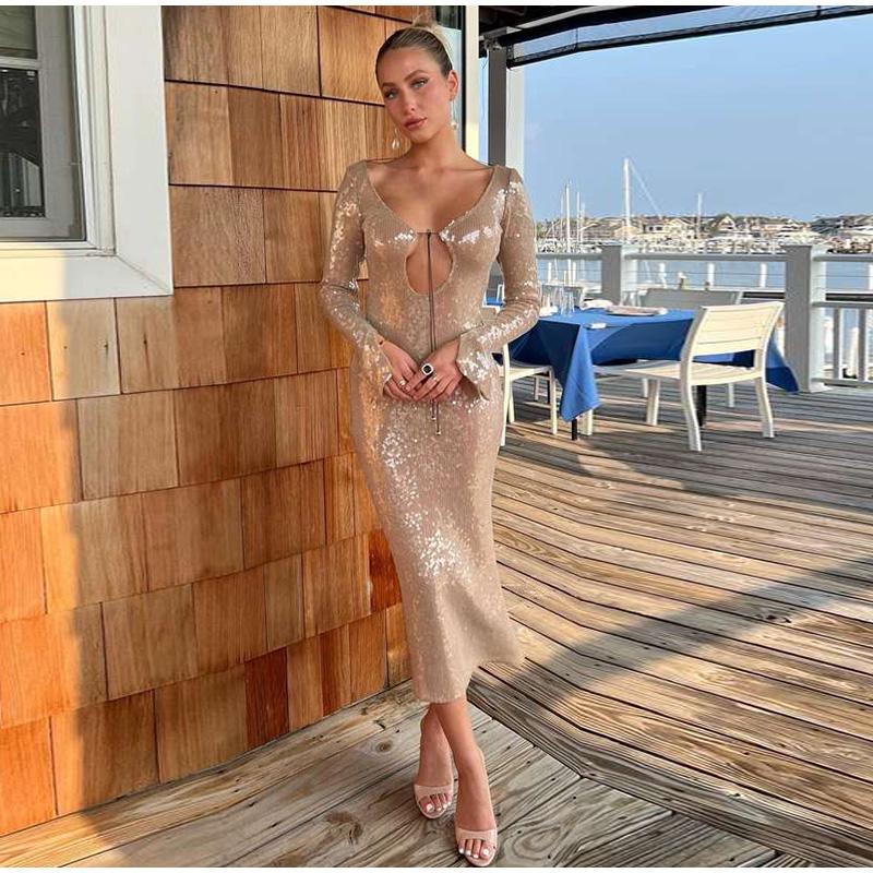 Ladies Women Sexy Long Sleeve Mesh Sequins Midi Split Solid Dress Elegant Evening Club Party Dress