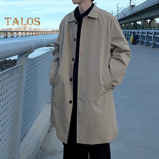 Мужская ветровка, пальто с лацканами, длинный рукав, двубортный тренчкот с карманами, однотонный, свободный крой, повседневная верхняя одежда средней длины